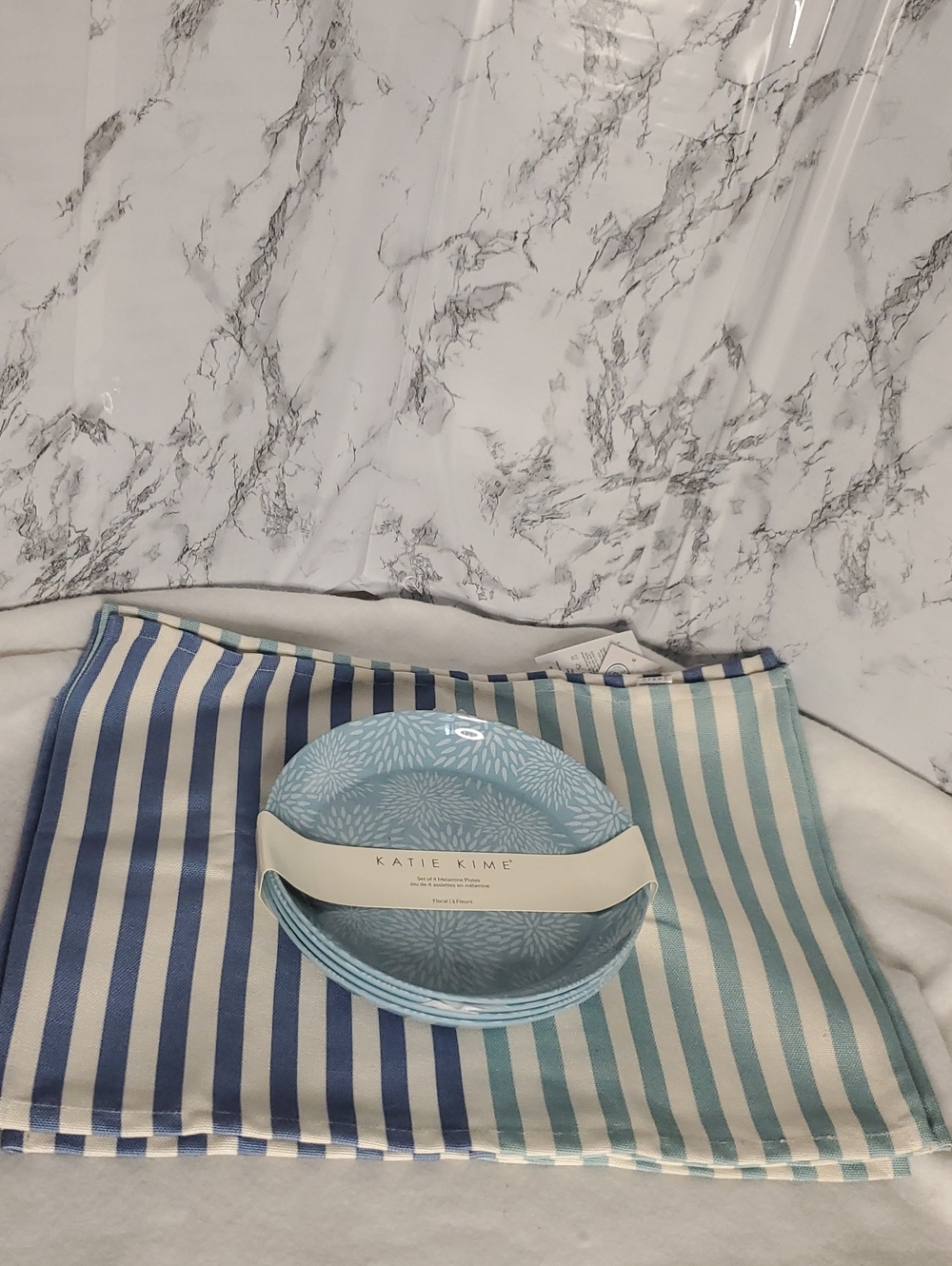 Four Katie Kime Light Blue Plates And Napkins